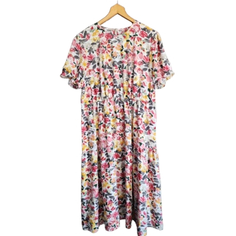 Womens XL Handmade Grandmacore Pastel Floral Cottagecore Short Sleeve Dress
